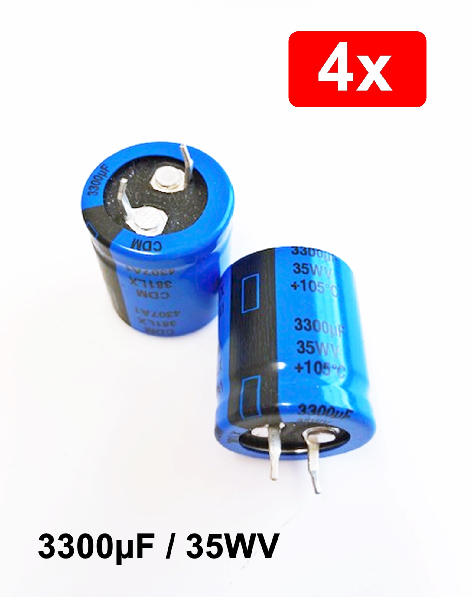 4x Snap in 3300µF / 35WV 105° Kondensator 26x22mm RM9,5mm #706510